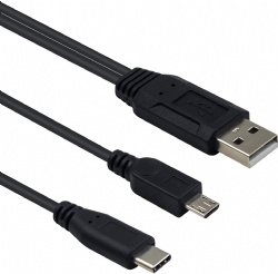 USB 2.0 A Male to USB Type C Male and Micro USB Male Charging Cable Cord Black 0.35M/1.14 Feet
