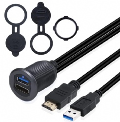3.3ft USB 3.0 Male to Female & HDMI 4K Male to Female Flush Panel Dashboard Mount Extension Cable for Car Truck Boat