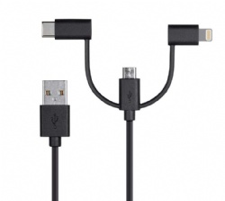 USB to Micro USB + USB Type-C + Lightning Charge And Sync Cable - 3 Feet - Black