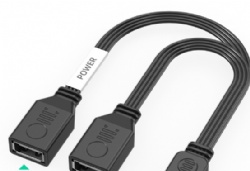Short flat USB 2.0 A male to double USB 2.0 A female splitter cable