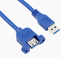 USB 3.0 Type A Male to Female Extension Cable with Panel Mount Screw, 24+28AWG, Blue, 0.6M-3.0M Length, Gold-Plated Connectors, M3 Nut Fixed USB Cable for Panel Mount, Computer, Industrial Equipment