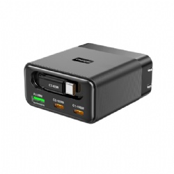 100W GaN Charger with Built-in Retractable USB-C Cable, 3-Port Multi-Device Fast Charging Station PD QC Wall Charger for MacBook, iPhone 15/16, Samsung Galaxy, iPad, Laptops, Phones, Tablets