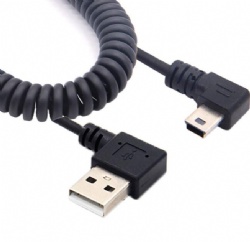 spring long right angle mini usb 5pin male to USB 2.0 A male data transfer power charge cable